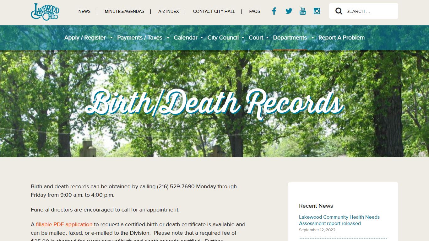 Birth/death records | The City of Lakewood, Ohio